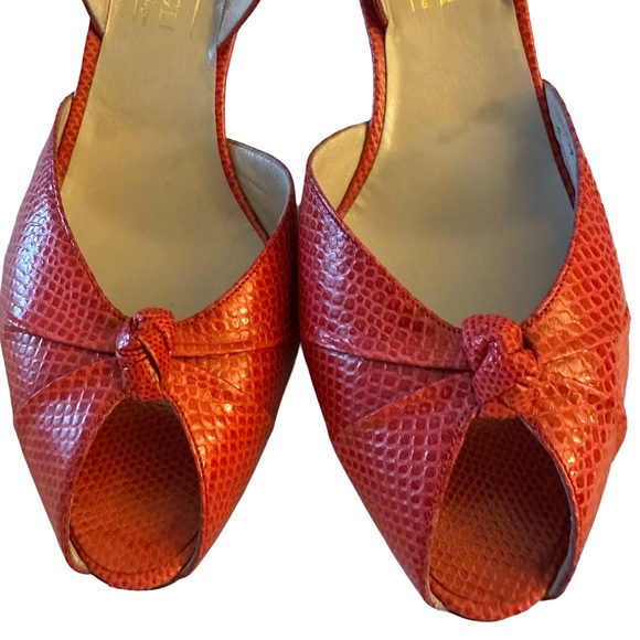 Bruno Magli Elegant Vintage Red Leather Snakeskin Print Peep-Toe Slingback Heels - Picture 6 of 8